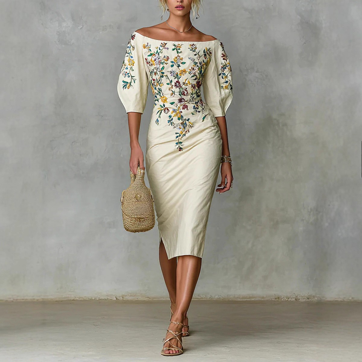 欧美独立站跨境新品 气质一字肩五分袖印花修身收腰连衣裙