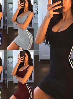 外贸爆款女士条纹拼接连衣裙性感包臀吊带修身欧美风时尚百搭