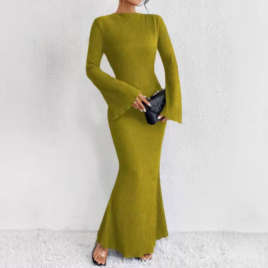 亚马逊独立站欧美秋冬新款气质女装时尚圆领长袖修身包臀连衣裙