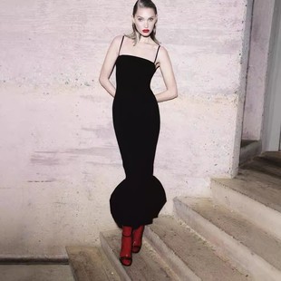 纯色拼接吊带长款 欧美女装 时尚 新款 针织鱼尾连衣裙 亚马逊夏季