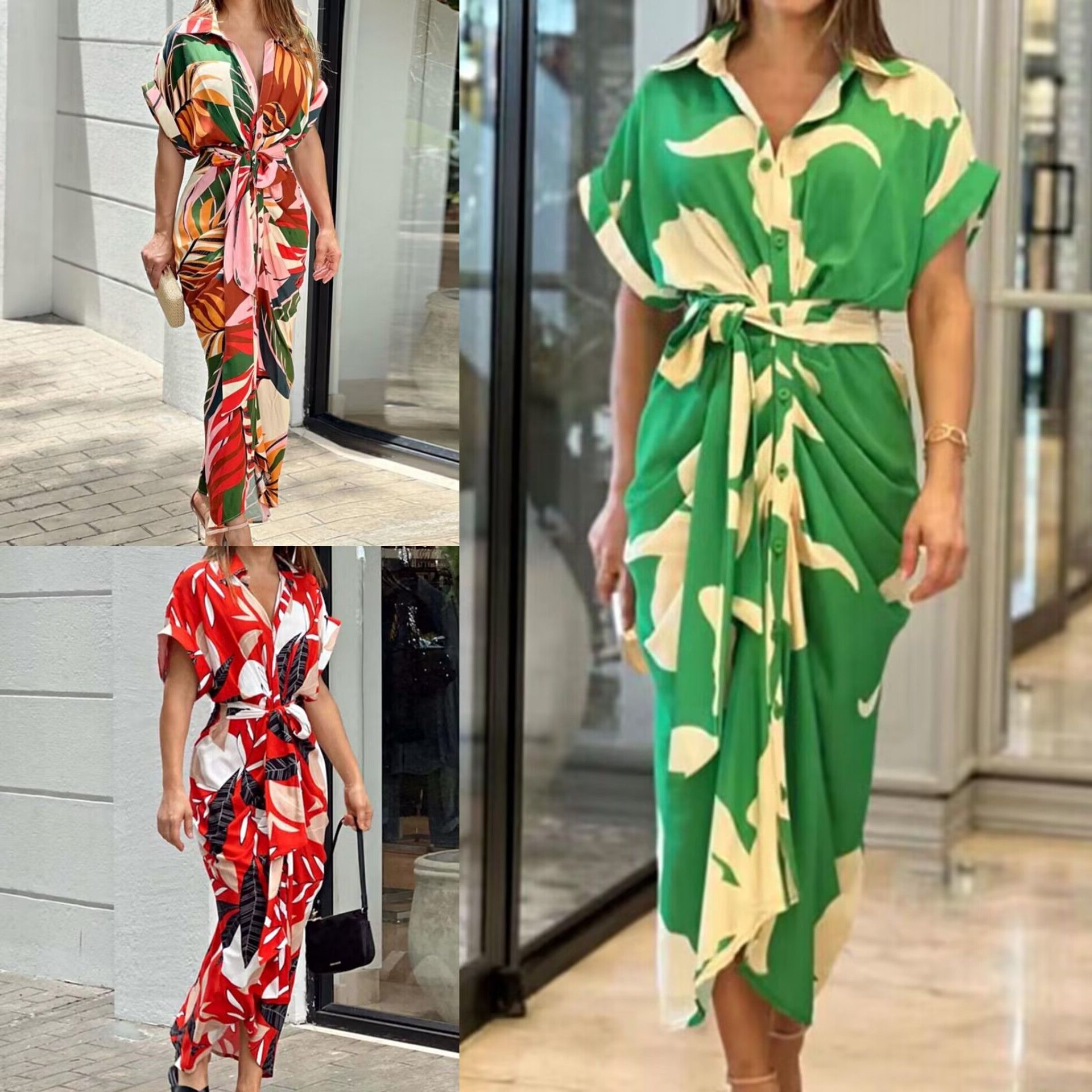 亚马逊欧美夏新款女式衬衫式收腰短袖连衣裙翻领印花假日长裙