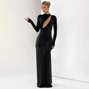 胸前镂空包臀绑带连衣裙女 纯色性感修身 欧美女装 秋冬新款