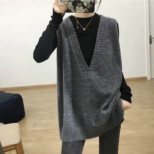 韩国简约慵懒风深领针织马甲中长款 毛衣女百搭背心外穿 宽松大码