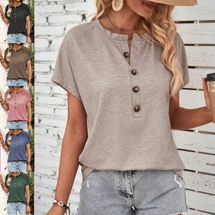 短袖 春夏外贸女装 欧美上衣纯色扭扣时尚 跨境新款 恤女 亚马逊