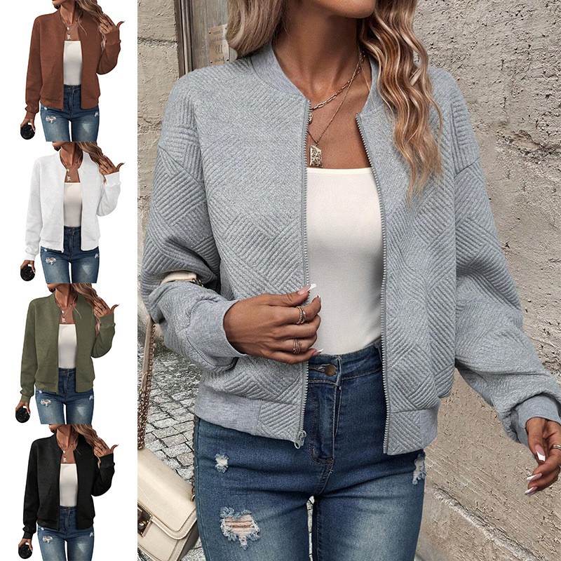 亚马逊欧美跨境外贸秋冬新款纯色拉链夹克棒球领休闲外套女士