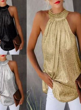 跨境速卖 欧美女装双银挂脖拉链无袖恤休闲上衣