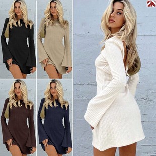 人棉连衣裙女装 亚马逊跨境新款 外贸欧美性感露背针织提花长袖