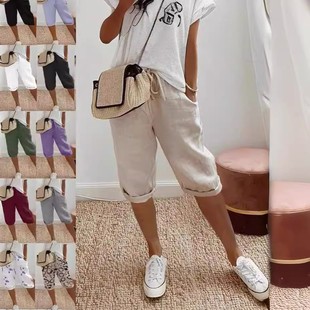 五分裤 欧美跨境 女裤 独立站女士棉麻口袋松紧休闲裤 亚马逊