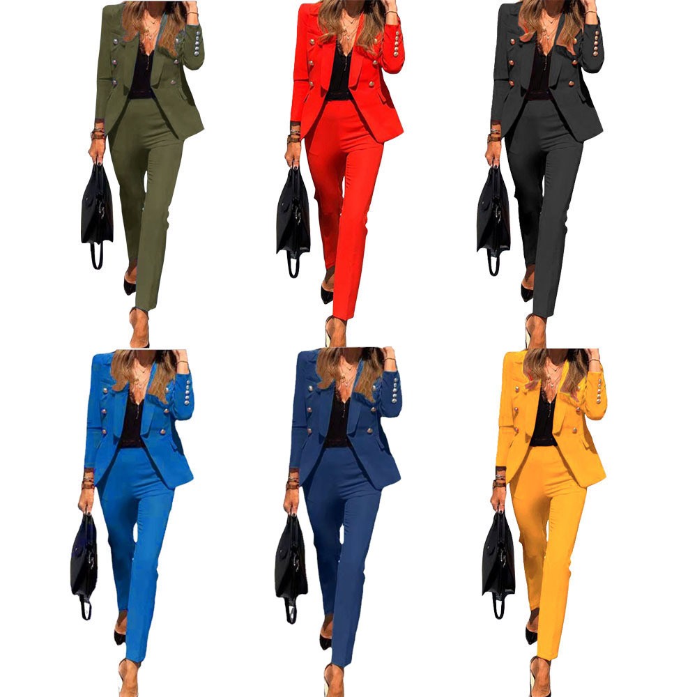 跨境爆款女装速卖通亚马逊春秋季新款纯色时尚两件套西装套装