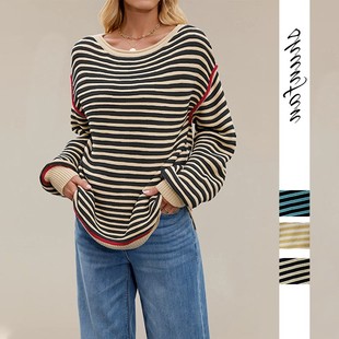 条纹针织上衣圆领套头宽松长袖 秋冬欧美女装 毛衣 跨境热卖 新款