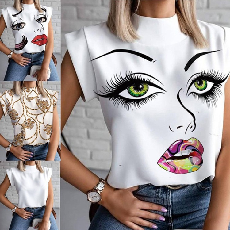 亚马逊爆款 夏季简约立领嘴唇印花女士衬衣上衣女装