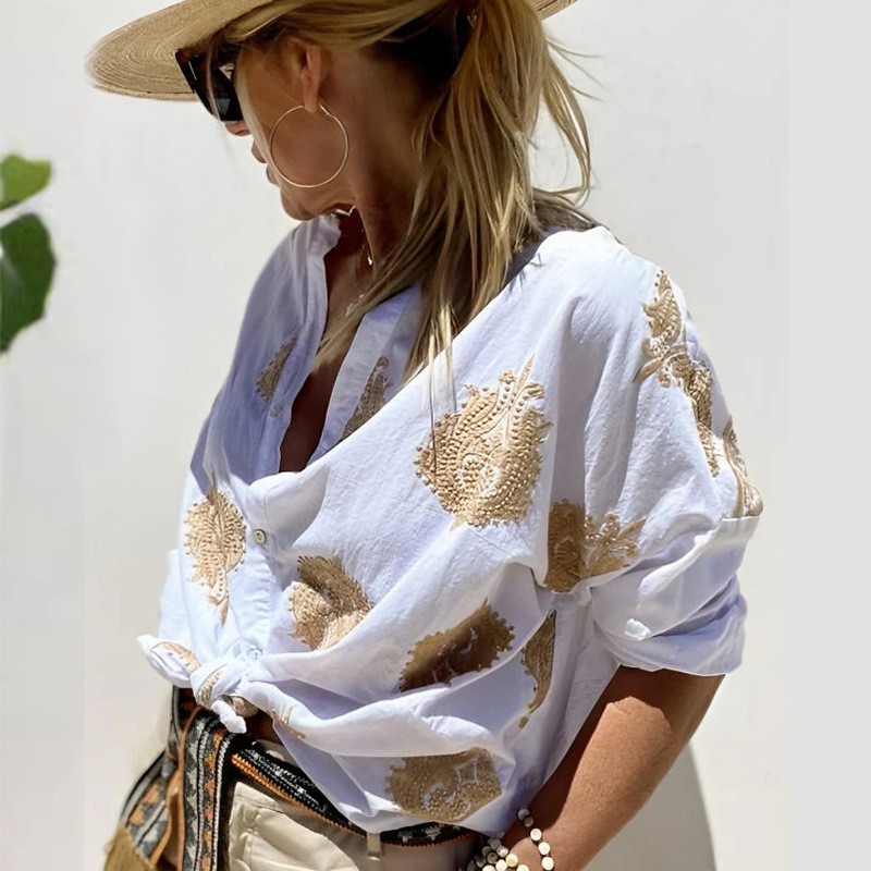 欧美印花女式衬衫秋季新款图形印花独立站长袖翻领纽扣女士衬衫女