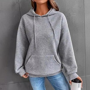 华夫格圆领长袖 跨境新款 卫衣纯色上衣女 亚马逊欧美女装 春季