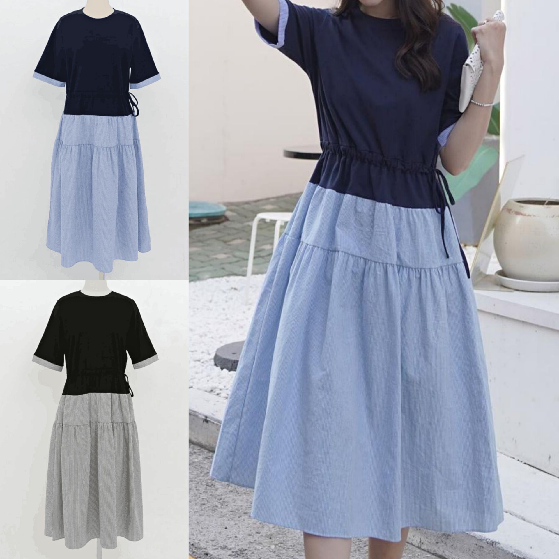 外贸女装夏季新款大码短袖连衣裙女拼接款假两件撞色圆袖束腰长裙