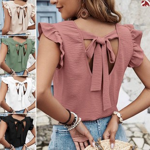 跨境供货亚马逊外贸女装 背心纯色圆领套头荷叶边蝴蝶结甜美上衣女