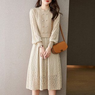 长款 高腰灯笼袖 毛衣裙 时尚 韩系名媛针织假两件连衣裙秋冬新款
