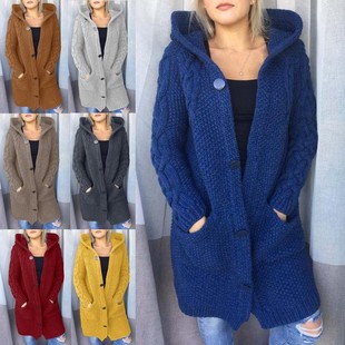 女装 欧美外贸秋冬加厚毛衣开衫 大码 针织衫 外套厚女新 连帽长款