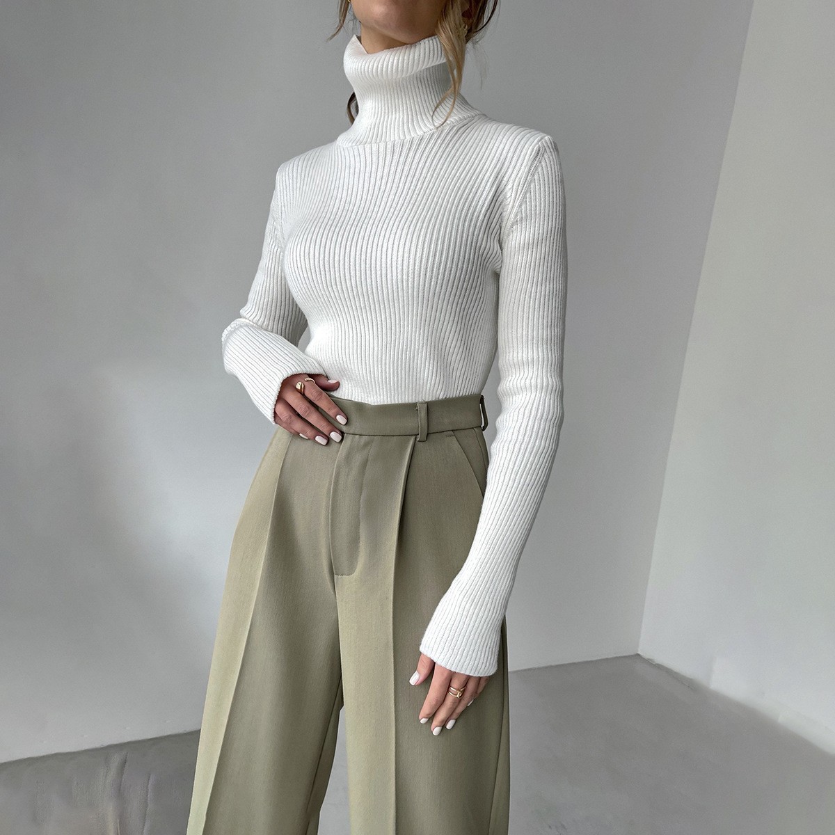 跨境加长高领毛衣秋冬针织打底衫修身欧美版高领套头毛衣