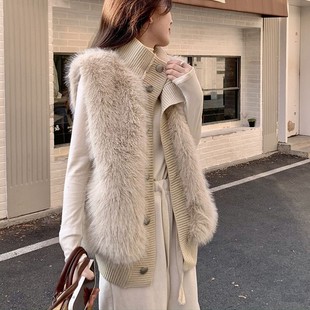 宽松气质优雅针织开衫 韩国风立领貂绒无袖 毛衣女外套秋冬新款