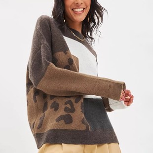 跨境毛衣女豹纹秋冬新款 复古宽松外穿慵懒风针织气质套头上衣