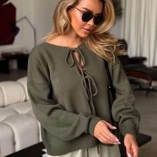 欧美宽松圆领长袖 新款 外贸毛衣女 秋季 亚马逊跨境系带针织开衫
