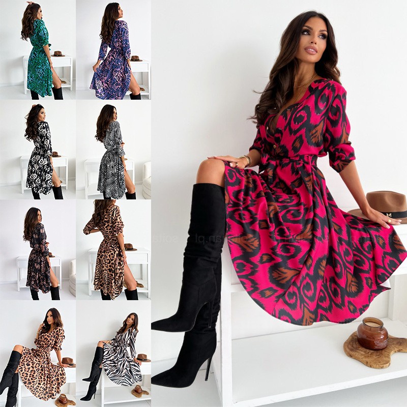 年跨境外贸秋季新款女士时尚多色印花绑带大摆连衣裙 现货