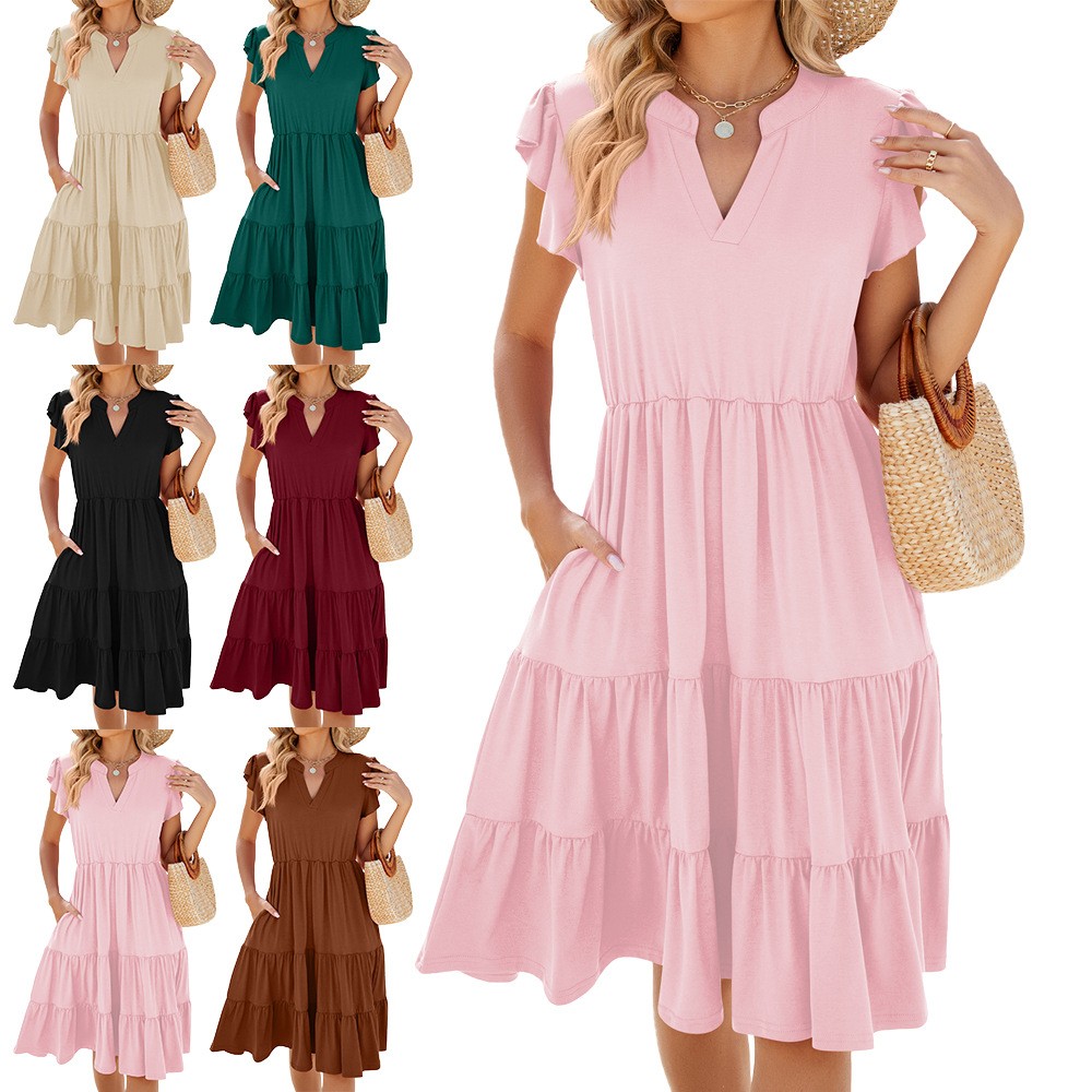 亚马逊欧美跨境外贸春夏新款纯色领宽松短袖收腰拼接连衣裙