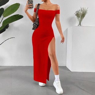 中长裙 跨境优雅性感连衣裙一字领开衩女装 春夏季 新款