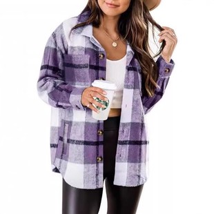 格子口袋衬衫 翻领宽松中长上衣亚马逊女式 休闲外套 欧美长袖 新款