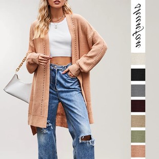 毛衣欧美亚马逊纯色宽松针织开衫 新款 口袋外套 冬秋季 跨境女装