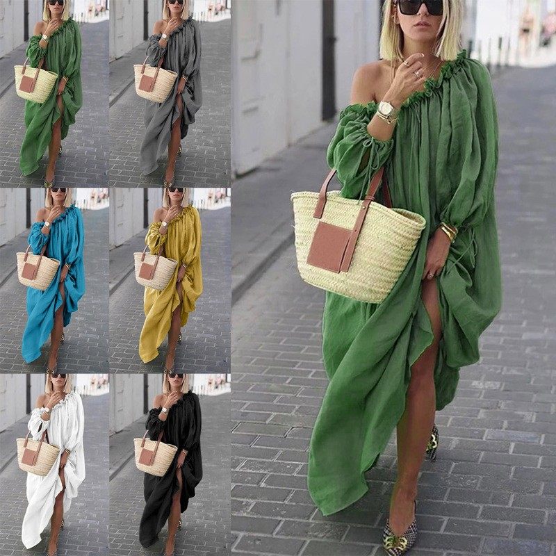 现货！年新款女装亚马逊独立站休闲纯色大码一字领连衣裙