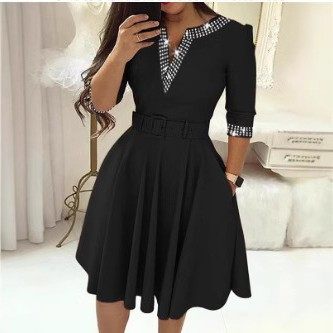 欧美秋冬气质优雅收腰烫钻中长袖纯色大摆领连衣裙配腰带,个性定制/设计服务/DIY,连衣裙加工定制,淘宝优惠券,粉丝福利购,淘宝优惠卷