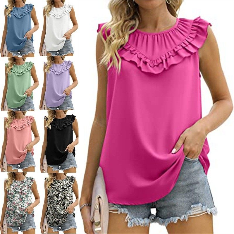 欧美亚马逊跨境女装夏季新款背心无袖雪纺衬衫褶皱优雅上衣女,个性定制/设计服务/DIY,连衣裙加工定制,淘宝优惠券,粉丝福利购,淘宝优惠卷