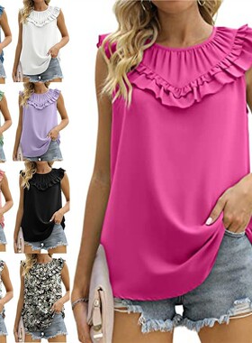 欧美亚马逊跨境女装夏季新款背心无袖雪纺衬衫褶皱优雅上衣女