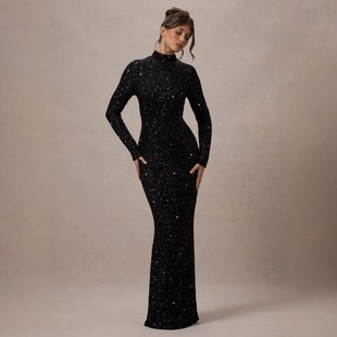 长袖 高级感时尚 亮片黑色连衣裙 欧美亚马逊跨境外贸女装 年新款