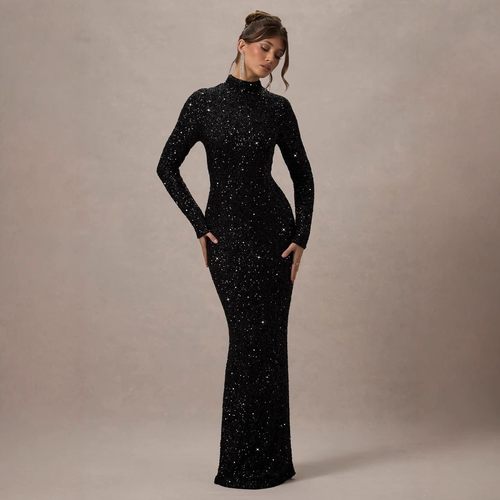年新款欧美亚马逊跨境外贸女装高级感时尚长袖亮片黑色连衣裙