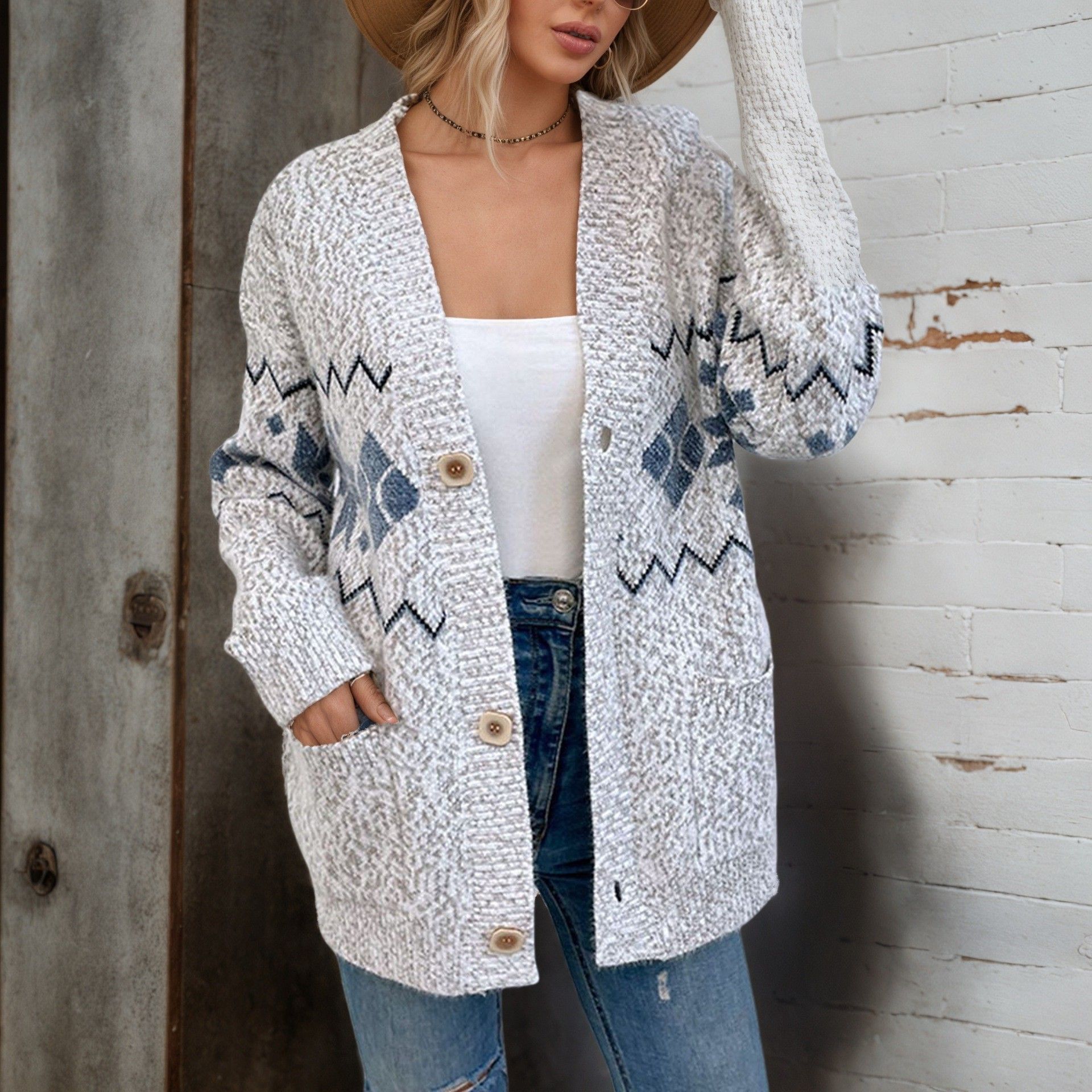 跨境外贸女装毛衣欧美领雪花提花单排扣针织衫雪尼尔开衫外套女