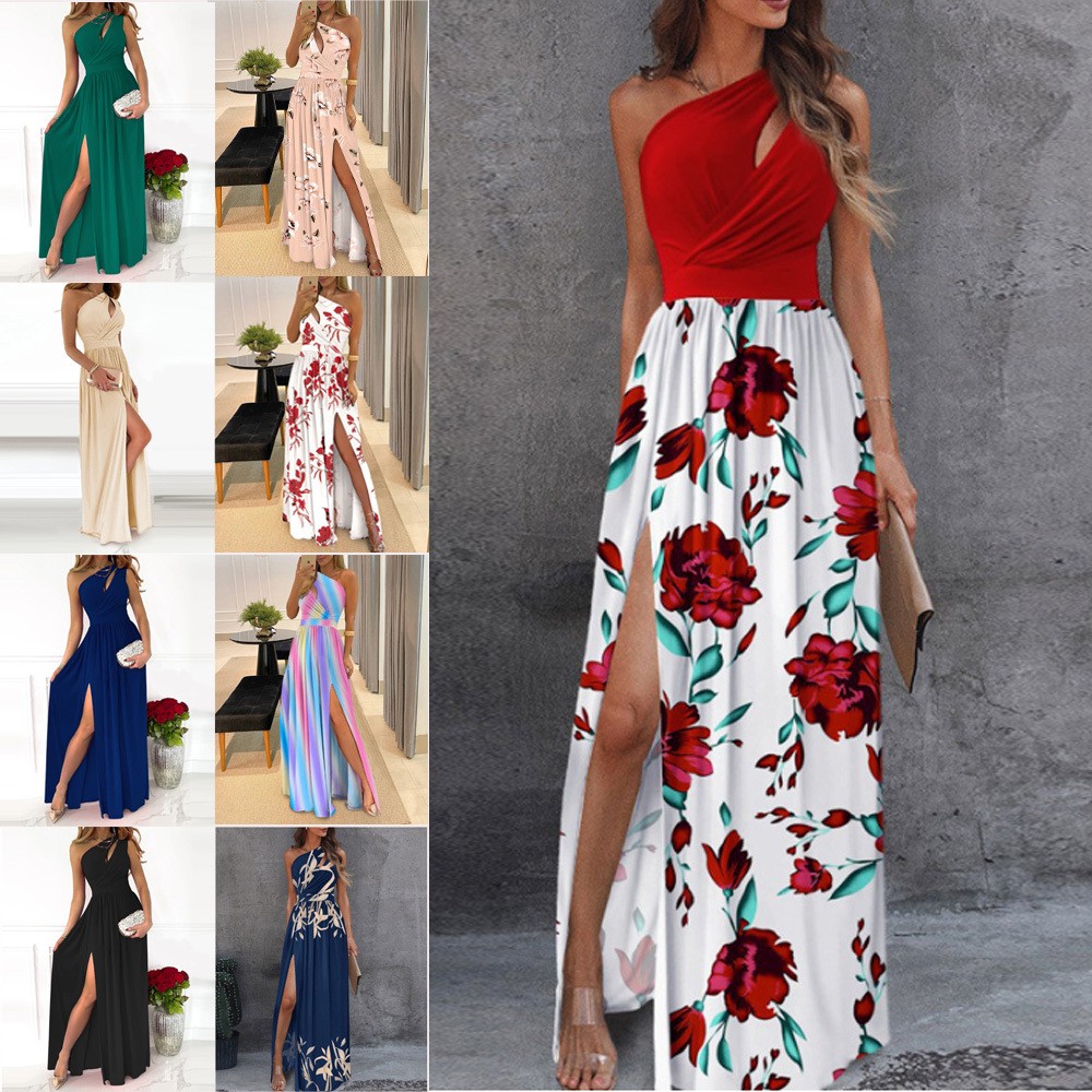 新款斜肩长裙气质无袖性感高腰开叉连衣裙亚马逊欧美女装外贸