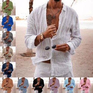 上衣衬衣 纯色宽松单排扣翻领棉麻长袖 跨境外贸货源衬衫 男新款