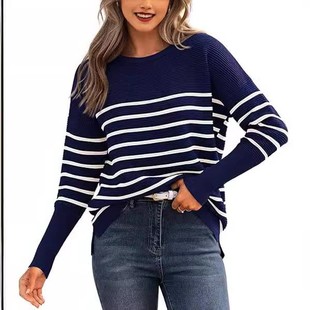 休闲条纹圆领毛衣 跨境欧美亚马逊外贸女装 秋冬新款 针织衫