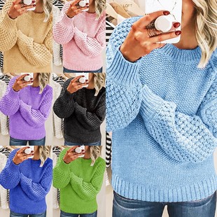 跨境新品 加厚保暖毛衣百搭纯色外穿针织套头上衣女小众设计针织衫