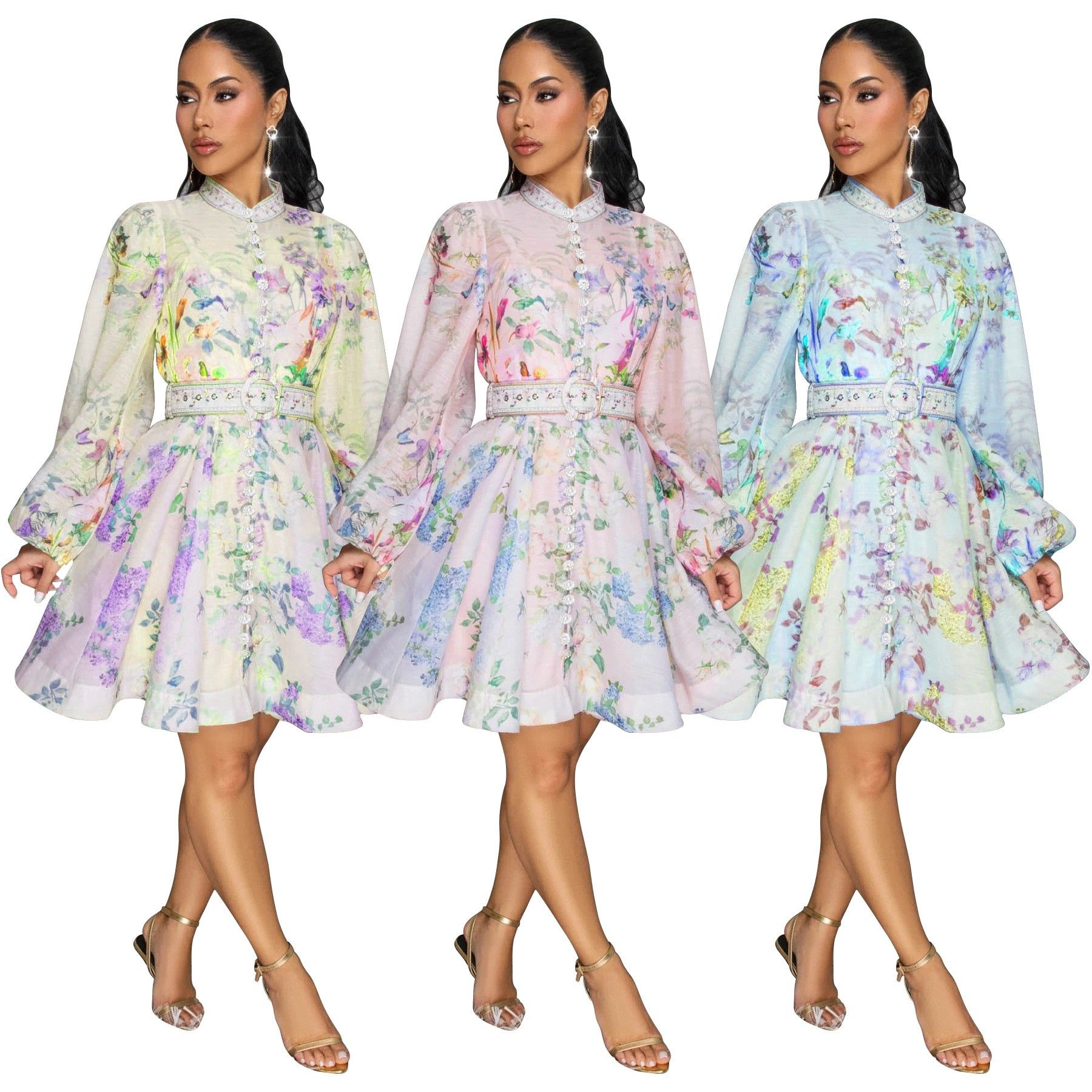 亚马逊欧美外贸女装澳洲风印花灯笼袖花样纽扣配腰带连衣裙