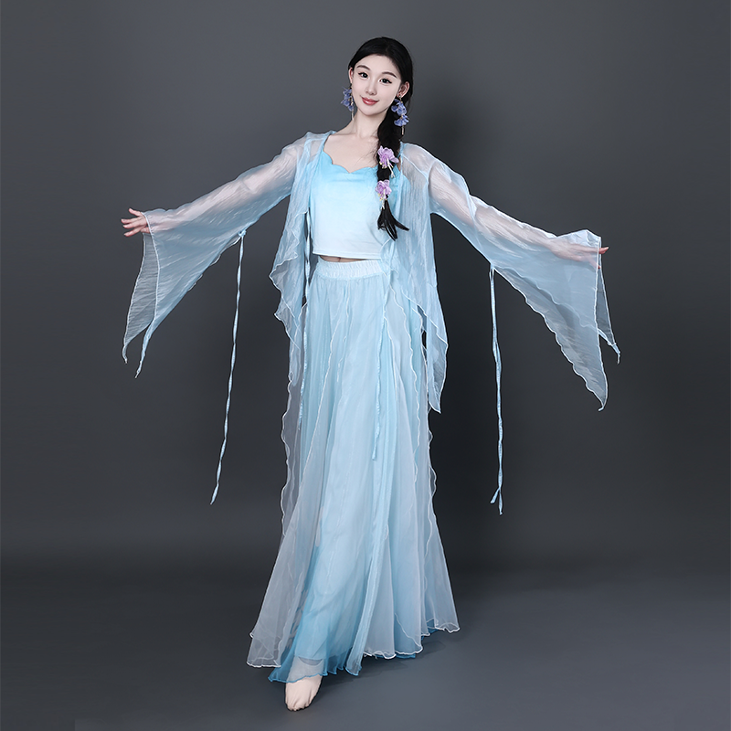 桃花渐变色仙美舞蹈裙子套装