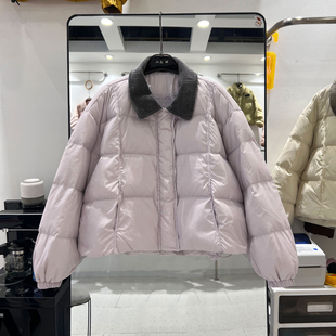 灯芯绒气质衬衫领羽绒服女短款白鸭绒时尚宽松加厚保暖面包服外套