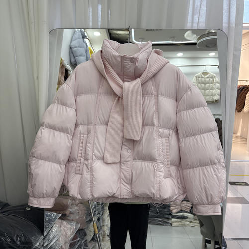 可脱卸针织披肩帽秋冬韩版宽松羽绒服女短款加厚保暖面包服外套