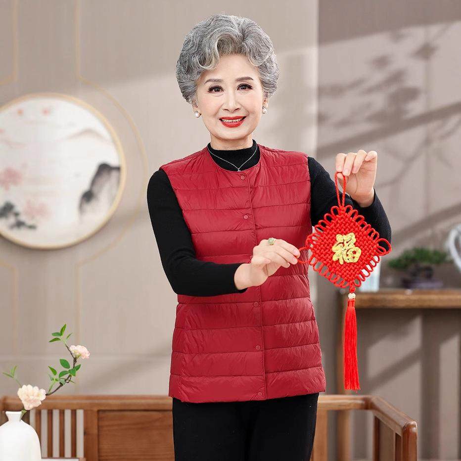 中老年背心妈妈轻薄圆领羽绒服内胆羽绒马甲女装大码保暖坎肩马夹