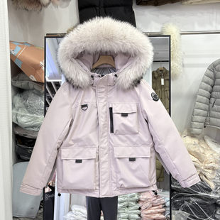 高端真毛领秋冬韩版宽松连帽羽绒服女短款加厚保暖面包服工装派克