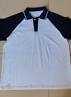 白色校服短袖藏蓝插肩袖藏蓝领拼白条男女通用班服POLO衫上衣T恤