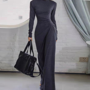 褶皱圆领修身 长袖 拖地裙包臀长裙潮 春夏季 气质莫代尔连衣裙女新款