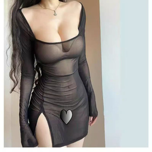 连衣裙女黑色圆领包臀短裙显瘦时尚 洋气内搭 性感透视网纱长袖 薄款